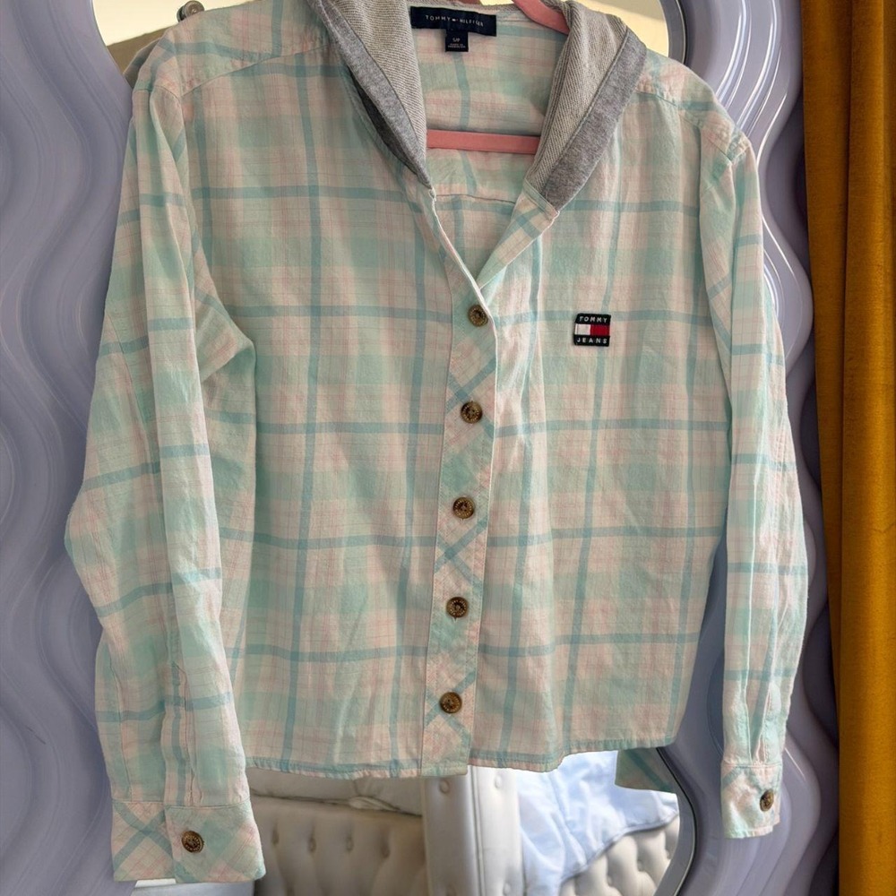Tommy Hilfiger Tommy Jeans Mens Pastel Pink Blue Cropped Hooded Flannel Shirt S
